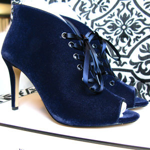 NIB WHBM Dasher Velvet Peep Bootie Officer Blue